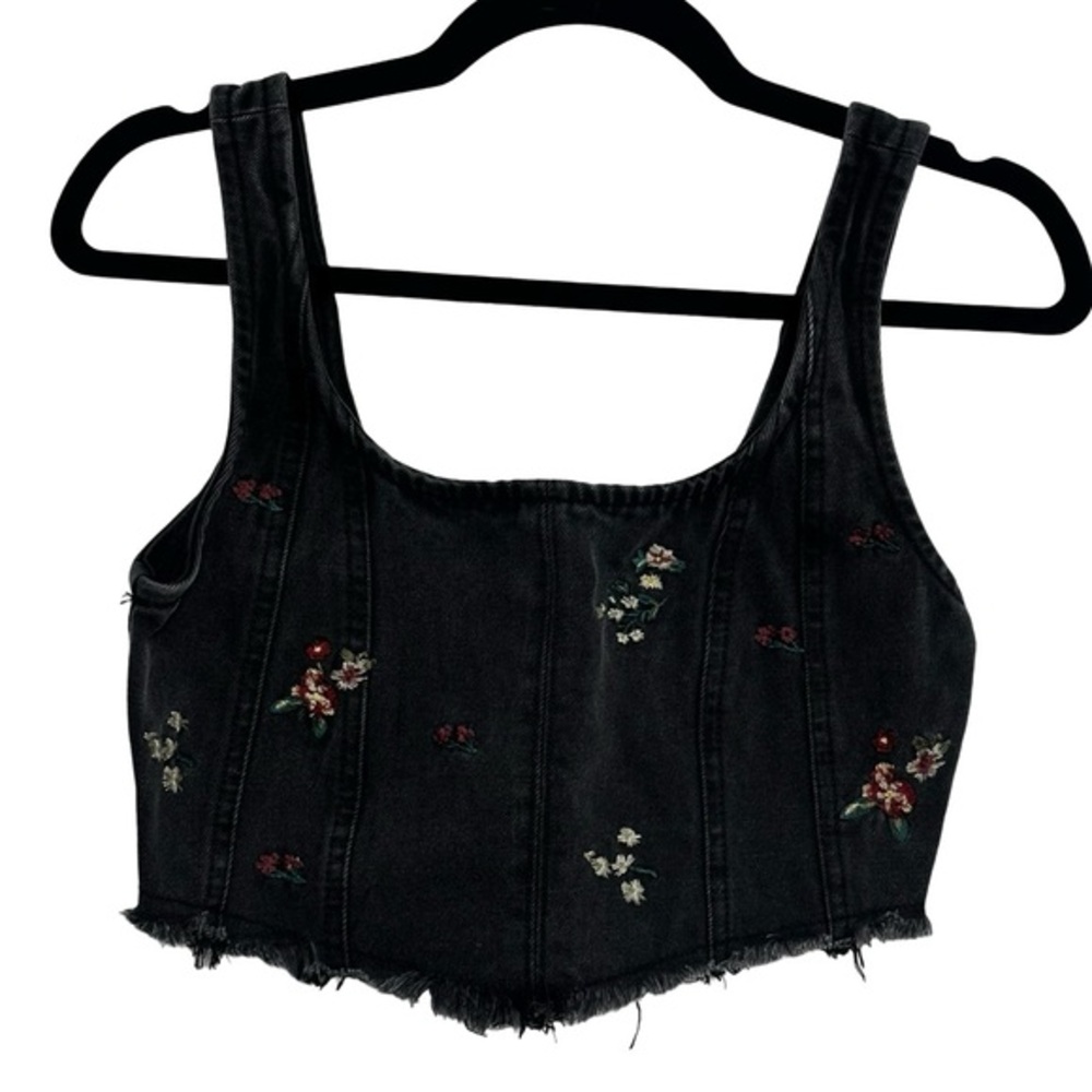 Banjara Denim Crop‎ Top Floral Embroidered Size Small Gray